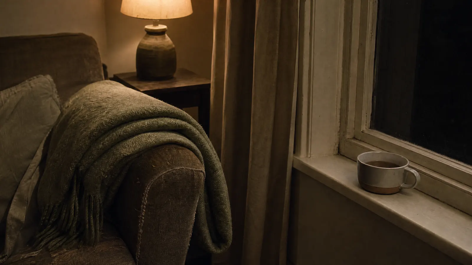 A folded blanket over the arm of an empty armchair by a dark window, a lamp lit beside it and a half-finished cup of tea on the windowsill.